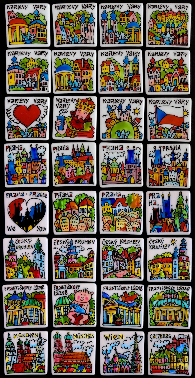 Hand painted motives of towns & cities with their characteristics, symbols, signs.